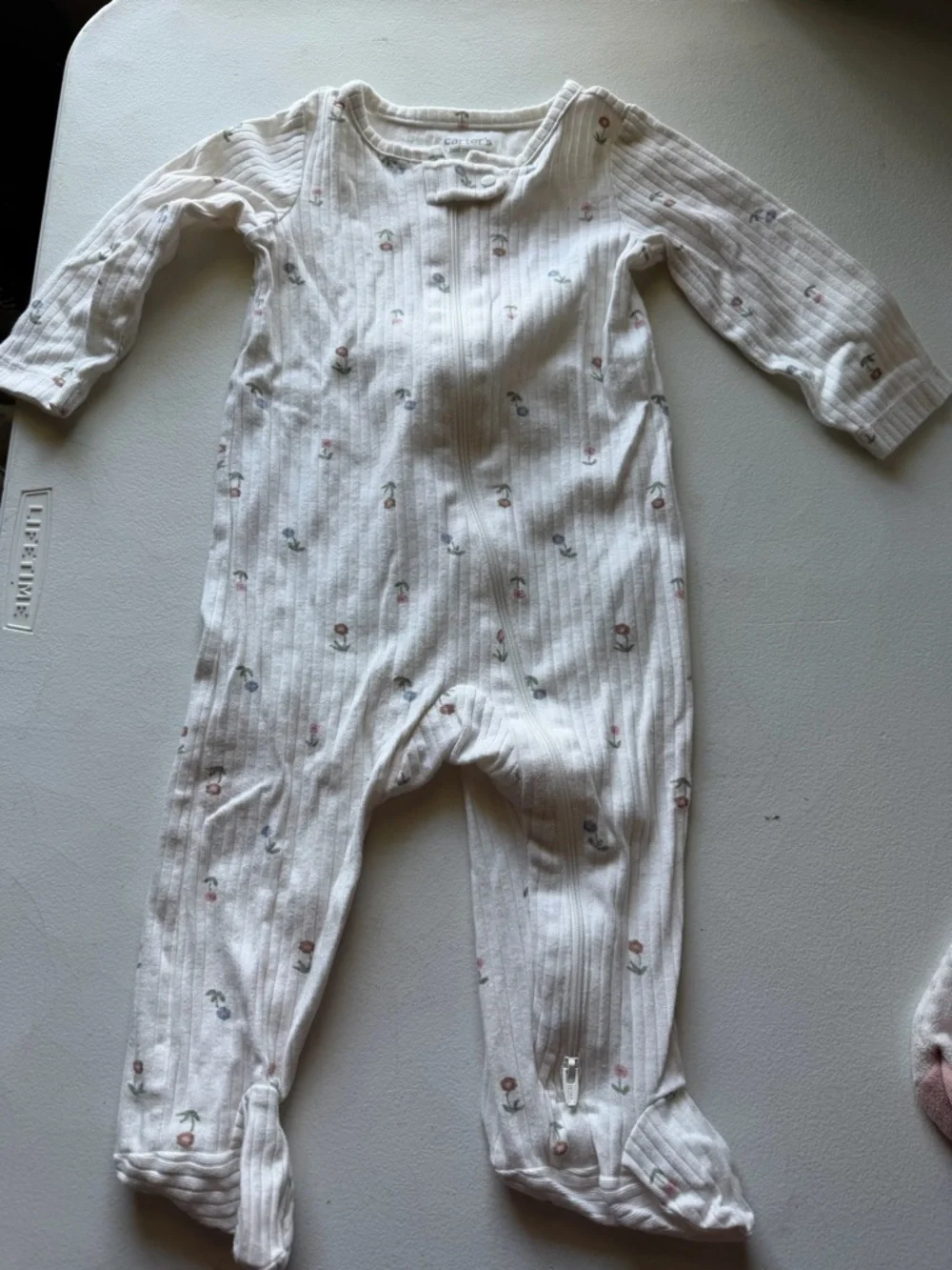 Carter's Cream and Pink Floral Ribbed Footed One-Piece 9 months
